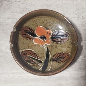 Vintage‎ MCM Otagiri Speckled Stoneware Pottery Ashtray Orange Flower.